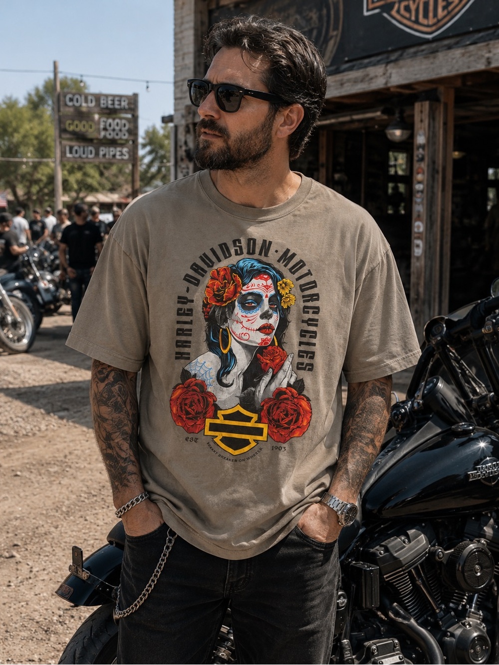 Harley-Davidson Daytona Beach Sugar Skull Roses Graphic Tee XL Biker Moto